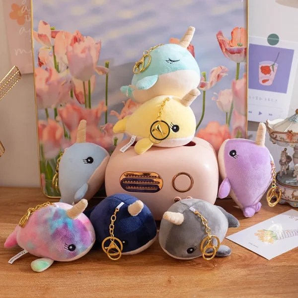 Cute narwhal plush keychains, kawaii ocean creature toys, pastel colours, perfect gifts